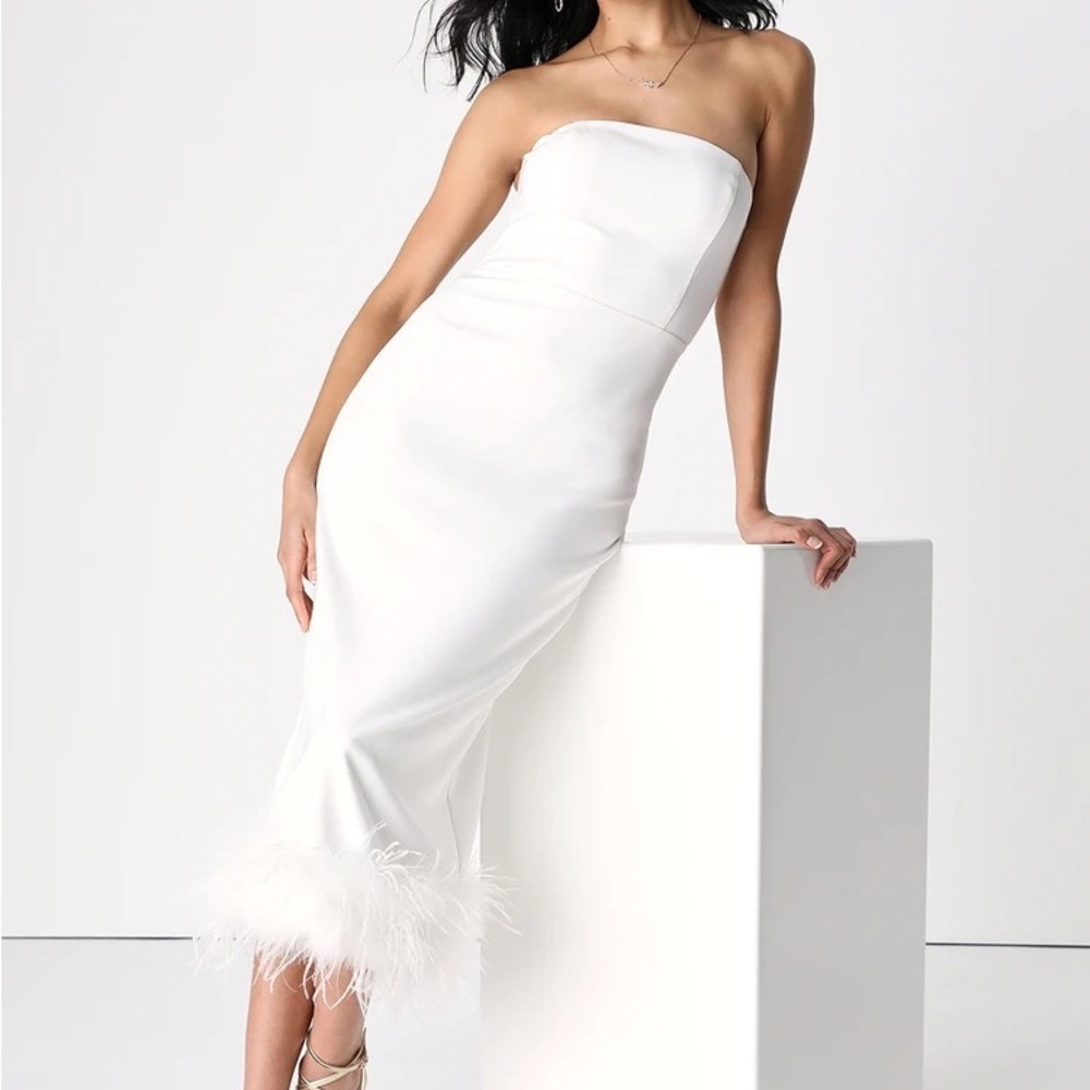 Lulu's White Strapless Feather-Hem Midi Dress